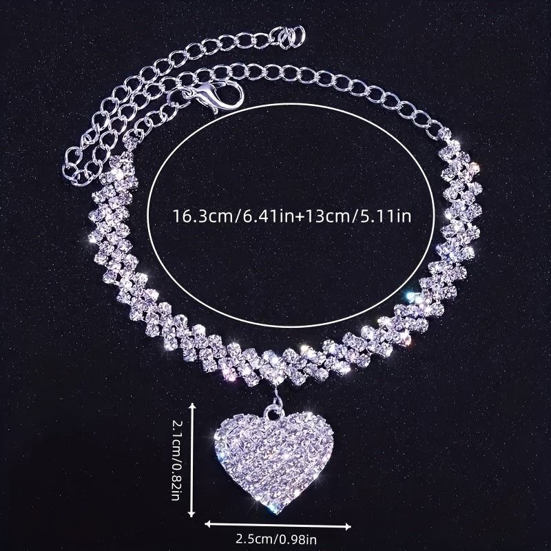 2pcs Elegant Rhinestone Heart Bracelet & Ankle Chain Set - Golden Tone, Sparkling Crystal Design, Perfect for Beach, Holiday, and Everyday Wear, Beach Accessories|Chic Accessory|Durable Bracelet, Beach Bracelet